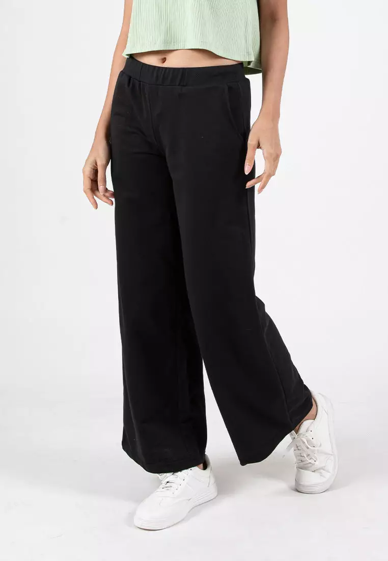 Forest Ladies Cotton Terry Wide Leg Pants Women Casual Long Pants - 810544-01Black