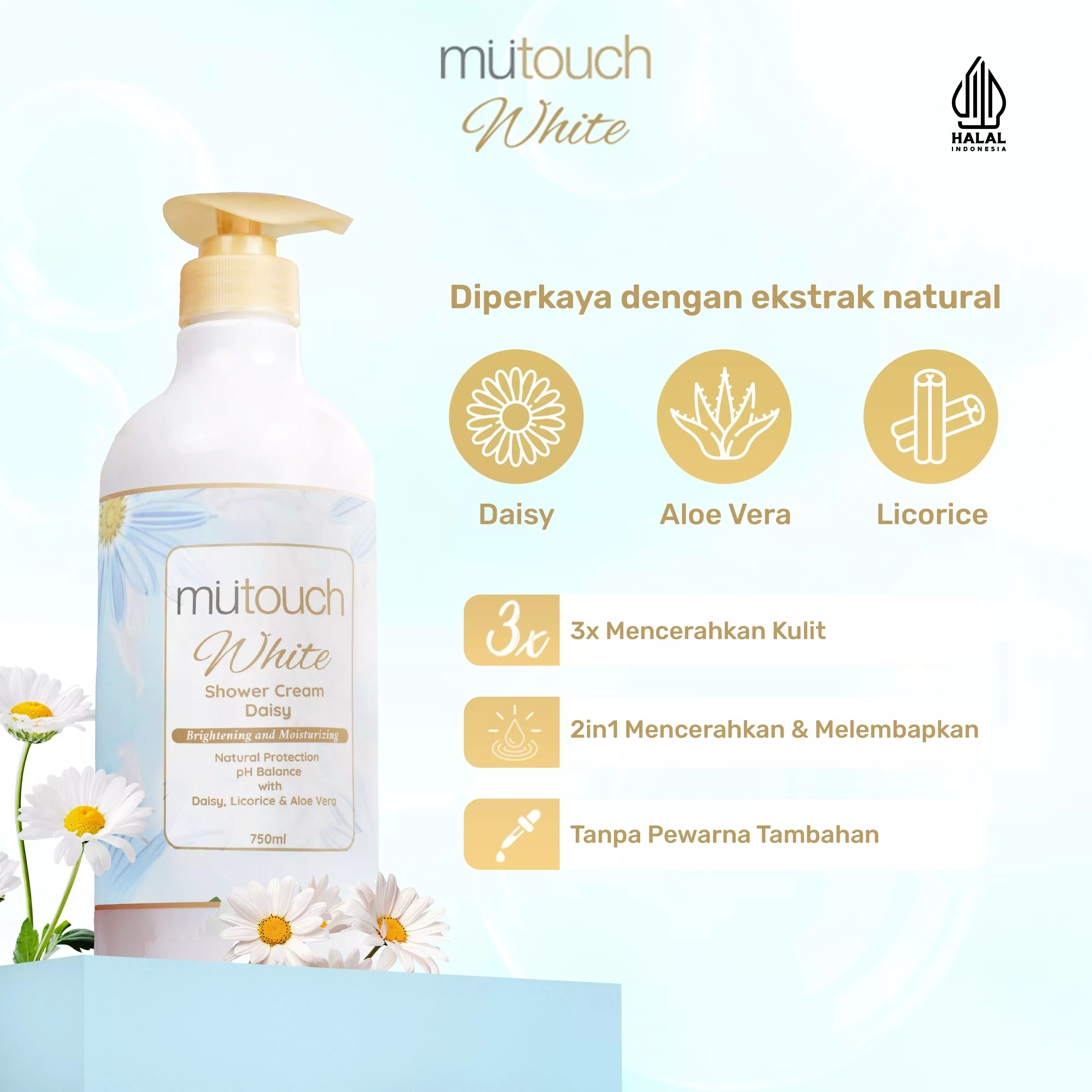 Mutouch White Shower Cream Brightening and Moisturizing – Daisy 750ml FREE SHOWER PUFF