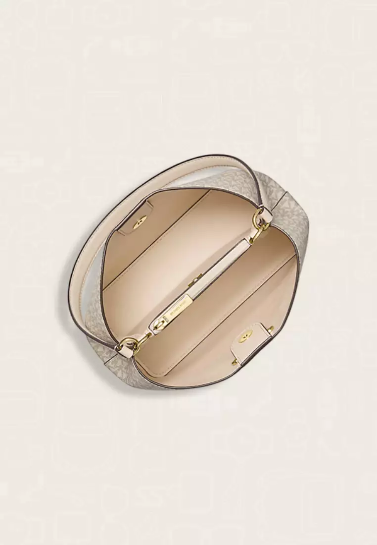 Michael Kors Pratt Medium Signature Logo and Metallic Shoulder Bag Pale Gold