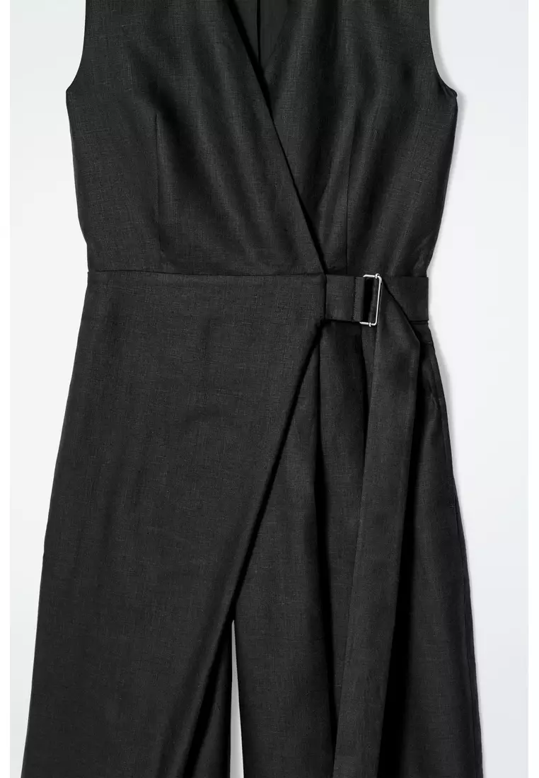 WRAP-FRONT LINEN JUMPSUIT