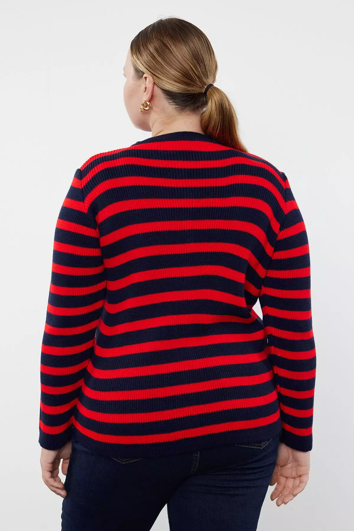 Navy Blue-Red Striped Jacket-Look Knitwear Cardigan Tbbaw24Av00011