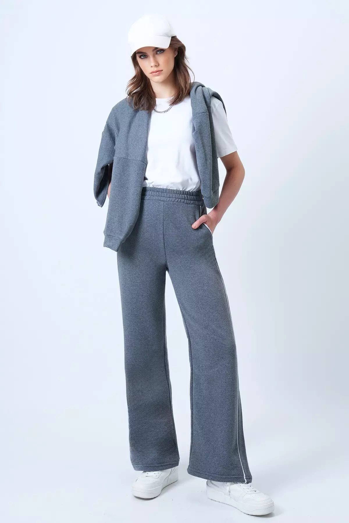 Women'S Anthracite Wide Leg Track Pants With Piping Detail And Elastic Waist Alc-X14611