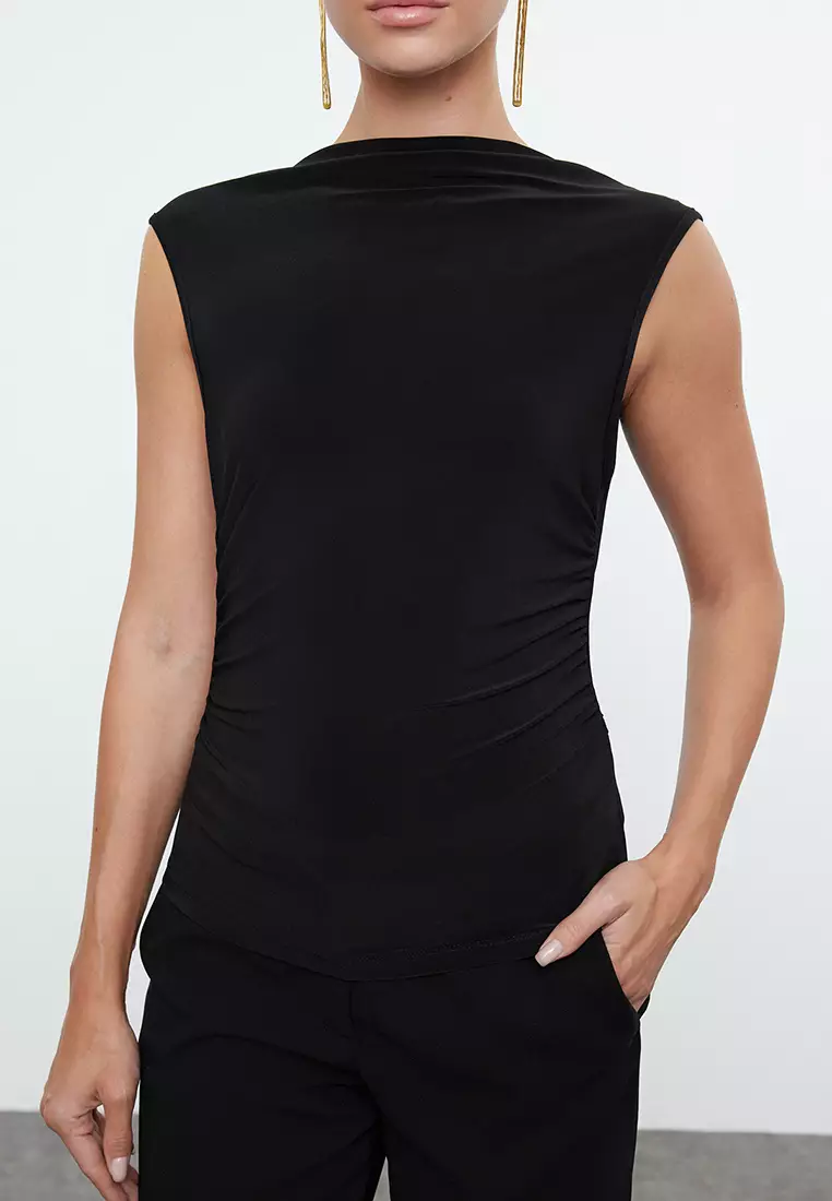 Black Back Detailed Chain Accessory Cowl Neck Knitted Blouse