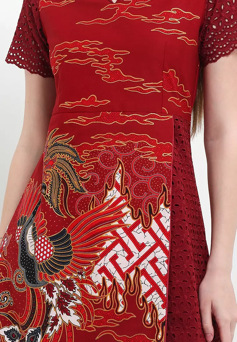 Dress Batik Wanita Furing Kombinasi Lace Brukat Jonasa Red