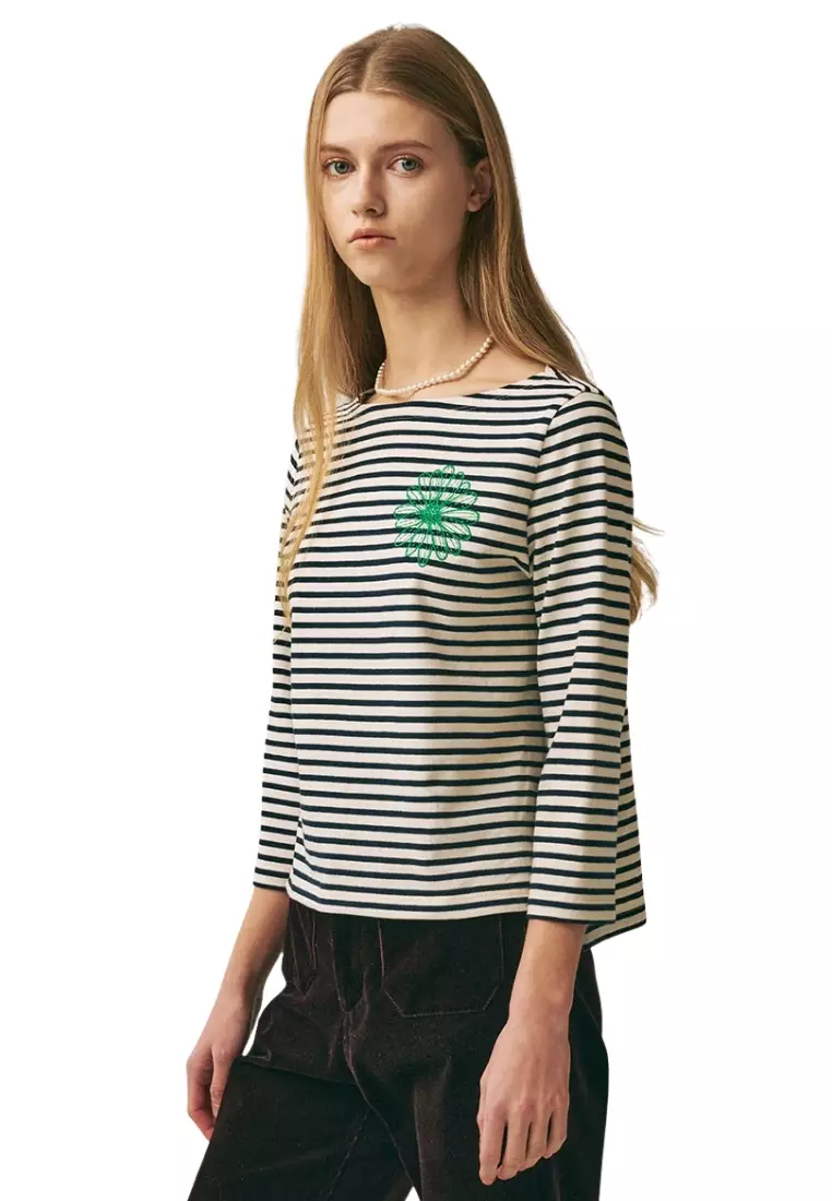 Slim Tshirt 3/4 Sleeve Stripe - Ivory Green