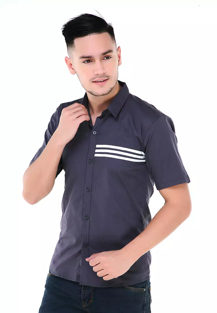Dwan Atasan Kemeja Pria Three Lines Slim Fit Casual Shortsleeve Shirt Material Cotton ORIGINAL - Gray