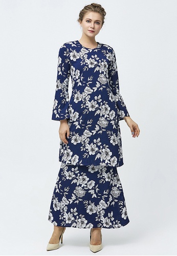 Navy Floral Outline Baju Kurung from Era Maya in black and white and Blue