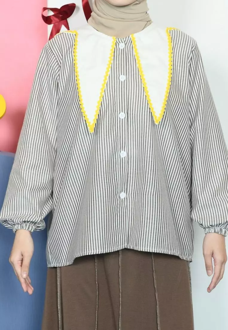 Bunny Kemeja Stripe Atasan - Coffee M18957 R49S1