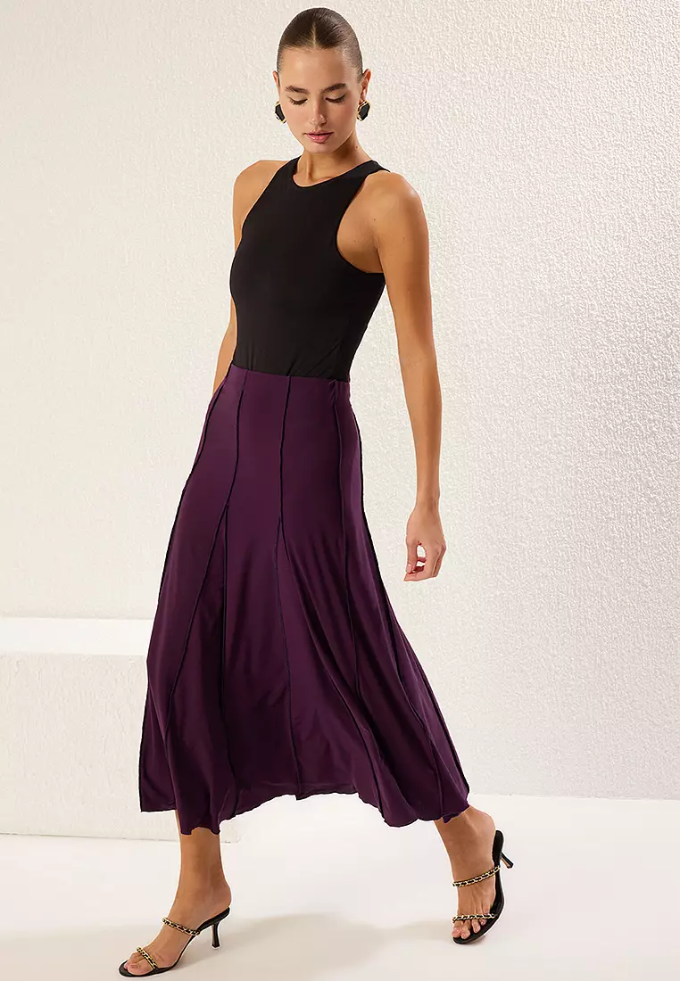 Plum Stitch Detail Godeli Flexible Maxi Knitting Skirt