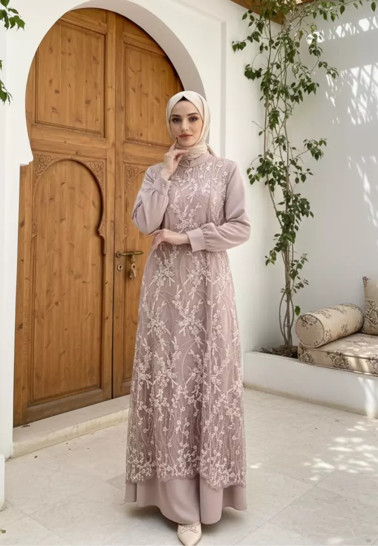Dress Muslimah Lace Bordir Floral Premium Warna Nude Pink – Tampil Anggun & Exclusive By Brilliant Girl Warna NUDEPINK