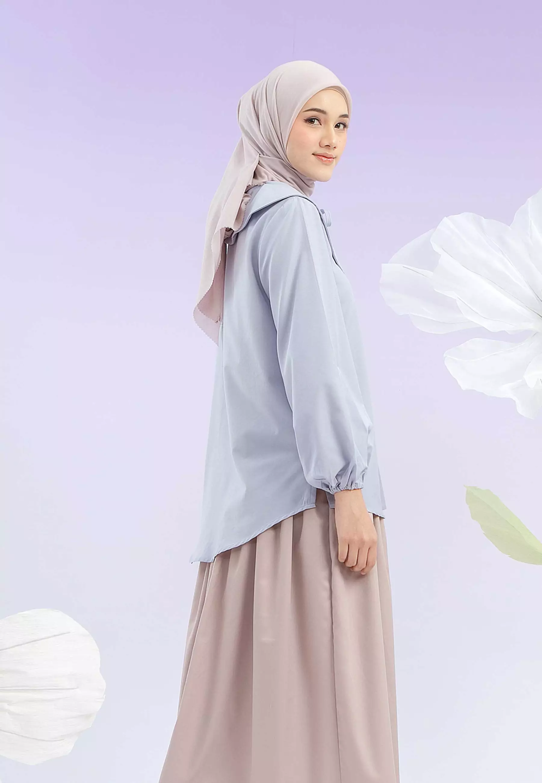 HijabChic Kikan Periwinkle Top - Baju Kemeja Polos Katun Premium Lembut Kerah Lengkung Pita Cantik Busui
