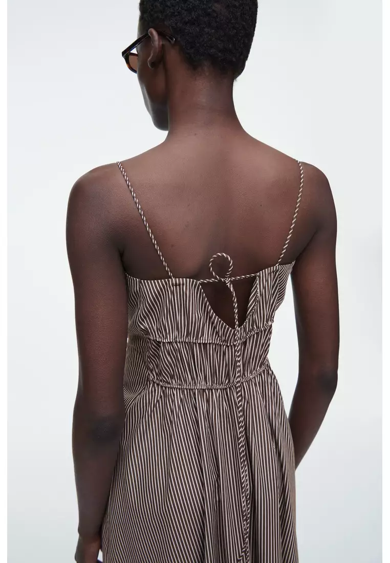 STRIPED GATHERED-WAIST MIDI DRESS