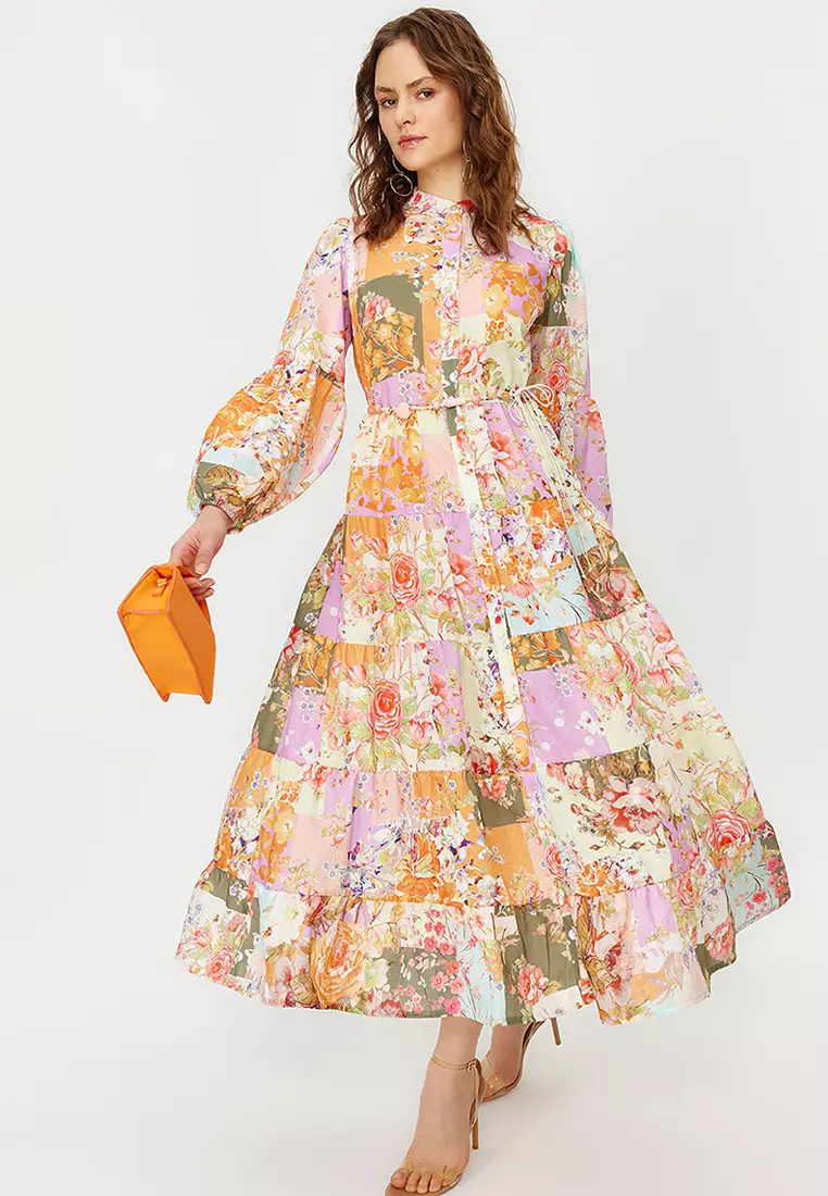 Multicolored Floral Patterned Linen Look Woven Dress with Belt Detail TCTSS24EB00042
