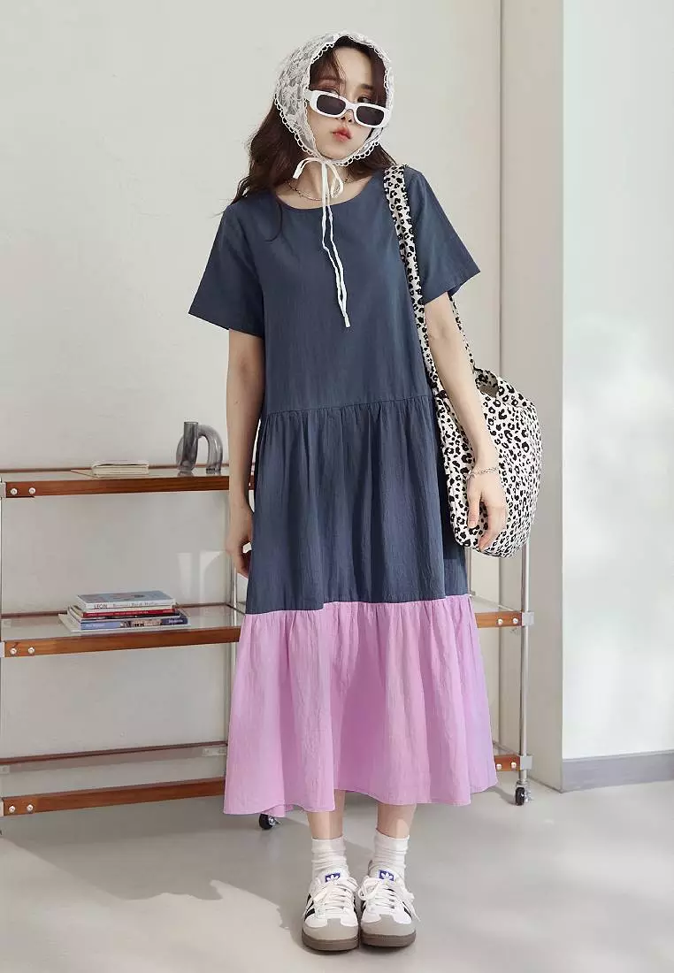 純棉撞色蛋糕裙傘襬短袖長洋裝《DA10519》