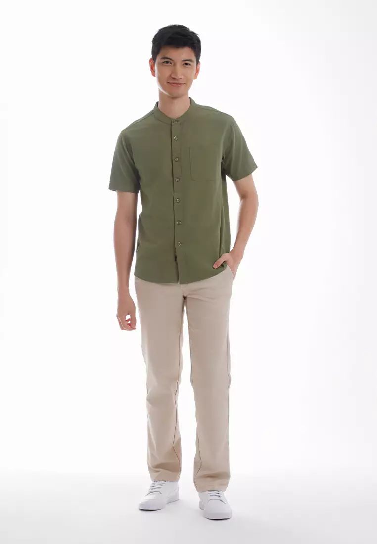 Forest Woven Mandarin Collar Short Sleeve Men Shirt | 621405-48Olive