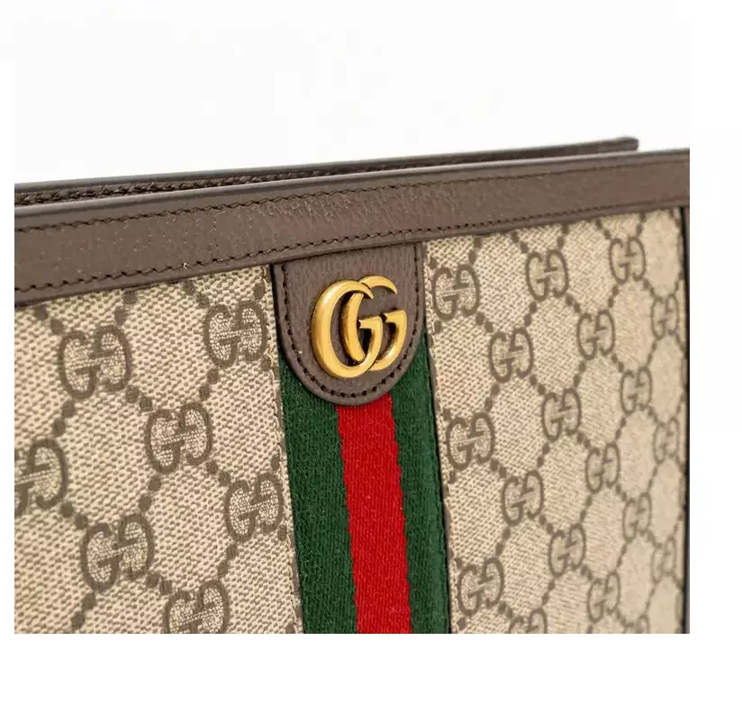 GUCCI Ophidia GG Supreme Pouch in Beige/Ebony Canvas with Detachable Wrist Strap 