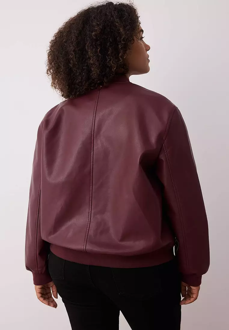 Claret Red Regular Fit Faux Leather Bomber Thin Plus Size Jacket Coat