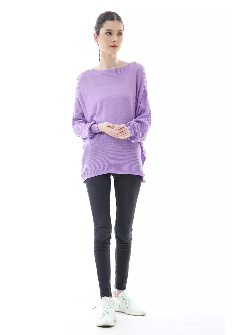 Eveline Sweater Rajut Batwing Atasan Wanita Motif Polos High Quality - Ungu Lilac