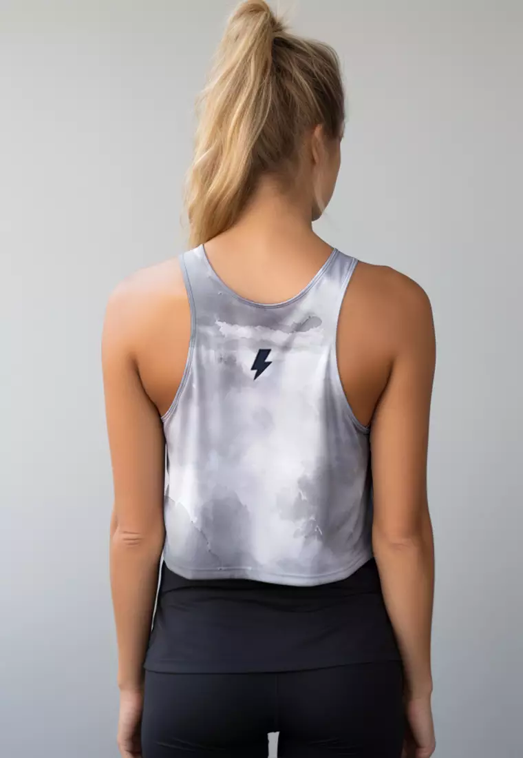 LSC15 Crop Tank Top Tee Gym Olahraga Crossfit ZeroOdor 4Way Stretch "grey cloud" putih