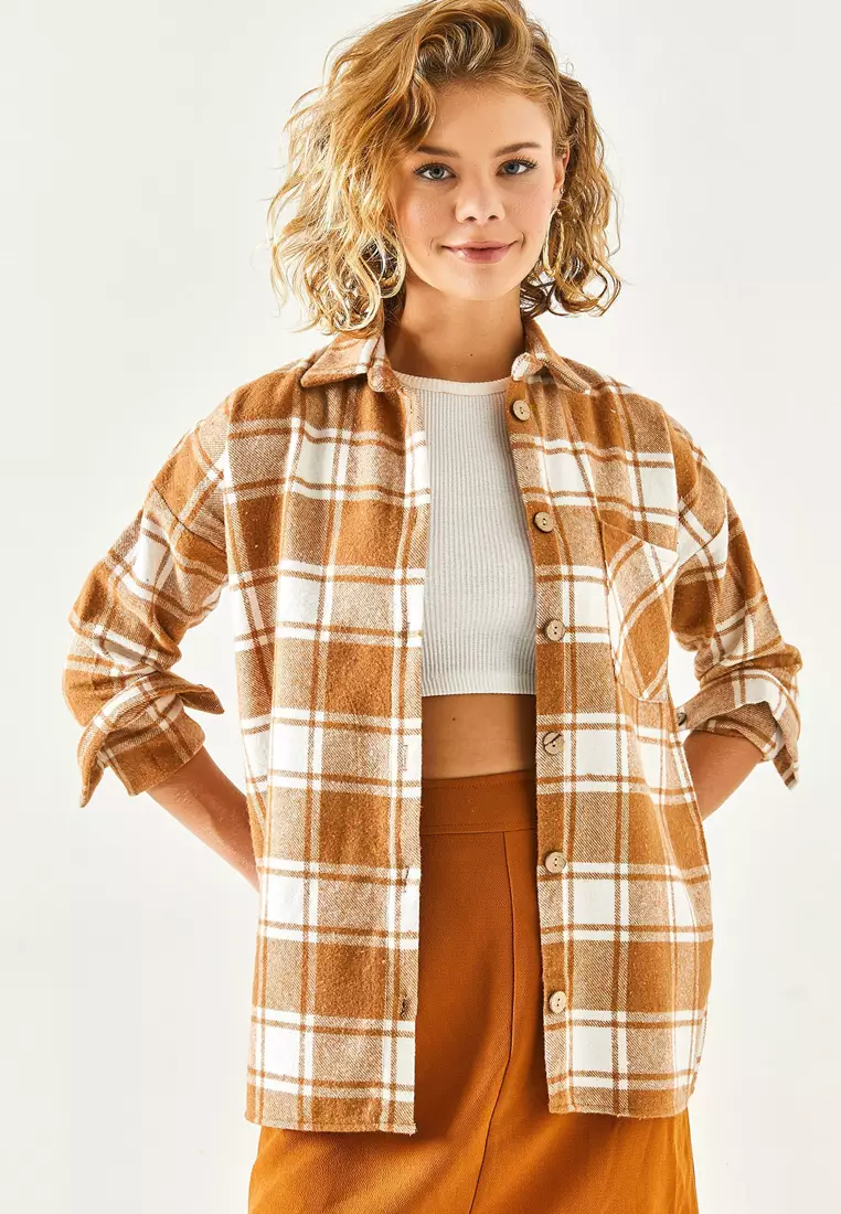 Beige One Pocket Thick Plaid Lumberjack Shirt