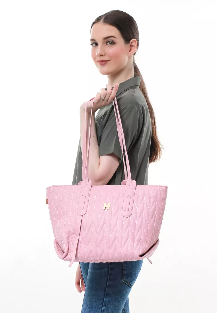 Laura Tas Kerja Wanita Tote Bag Motif Polos Large Compartment Material Leather ORIGINAL - Pink