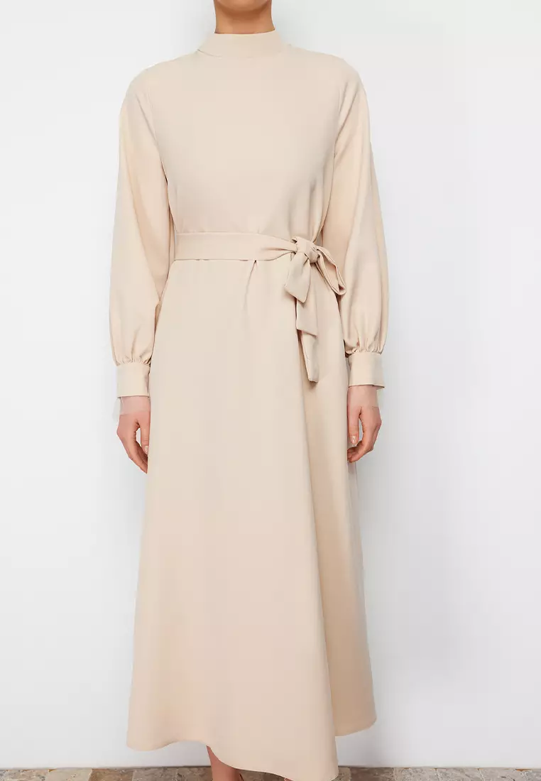 Stand Collar Belt Detailed Dress