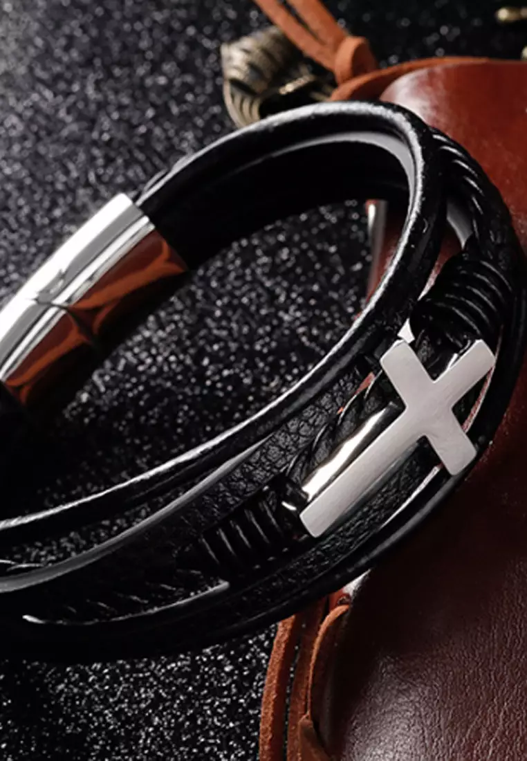 Mens leather discount cross bracelet