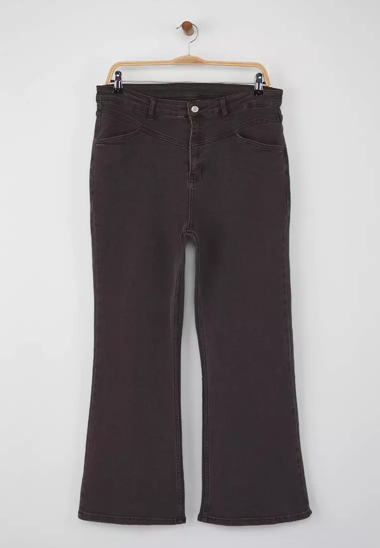 Brown High Waist Comfort Stitch Detailed Flare Fit Jeans