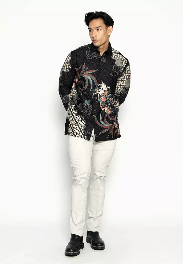 Casella Kemeja Pria Lengan Panjang Premium | Baju Kemeja Batik Pandawa Series Nakula 700 Black