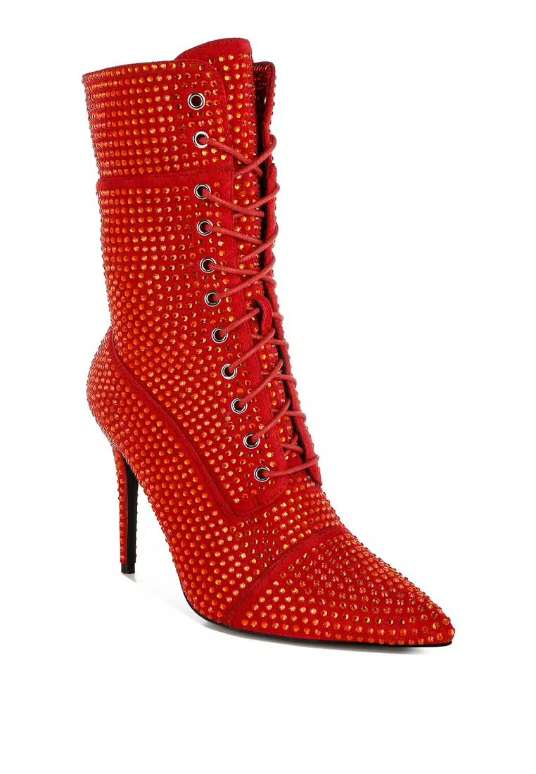 Rhinestones Embellished Calf Boots in Red