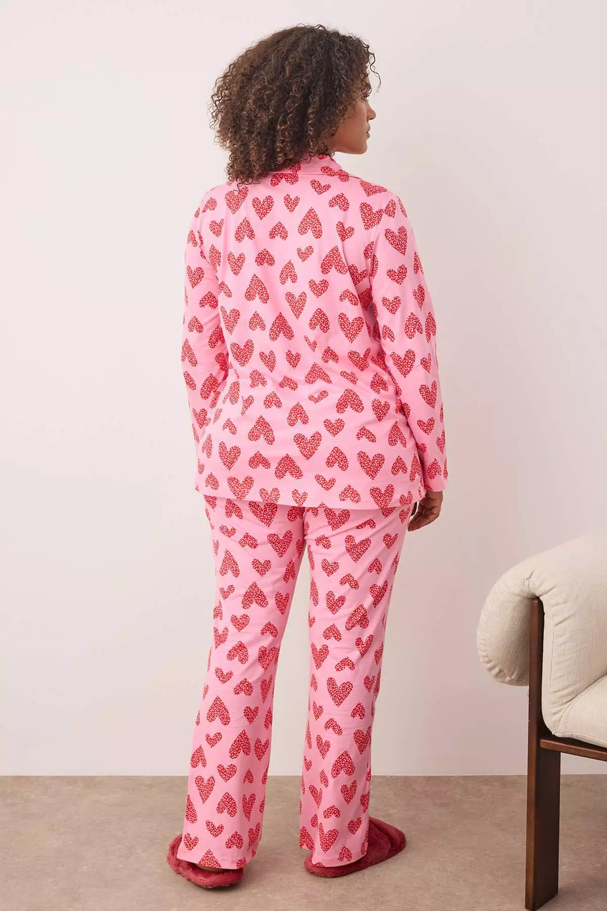 Pink 100% Cotton Heart & Leopard Patterned Shirt-Pants Knitted Pajama Set Tbbaw26Ai00017