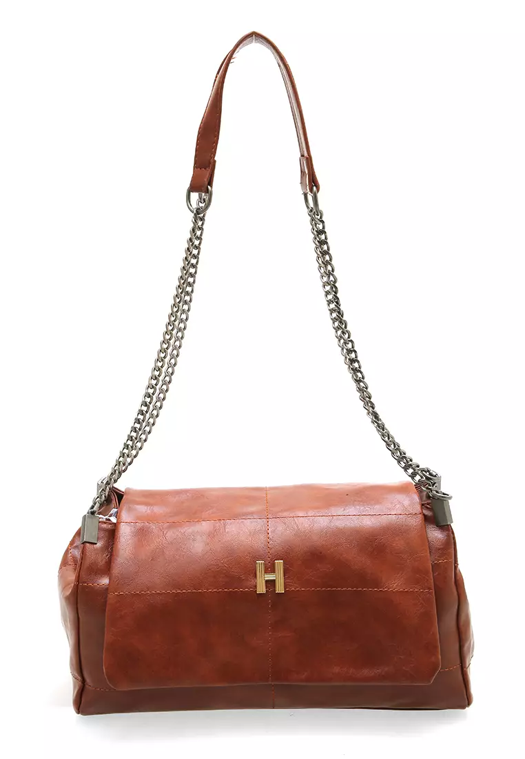 Eilaria Tas Kerja Wanita Shoulder Bag Tali Rantai Large Compartment Material Leather ORIGINAL - Brown