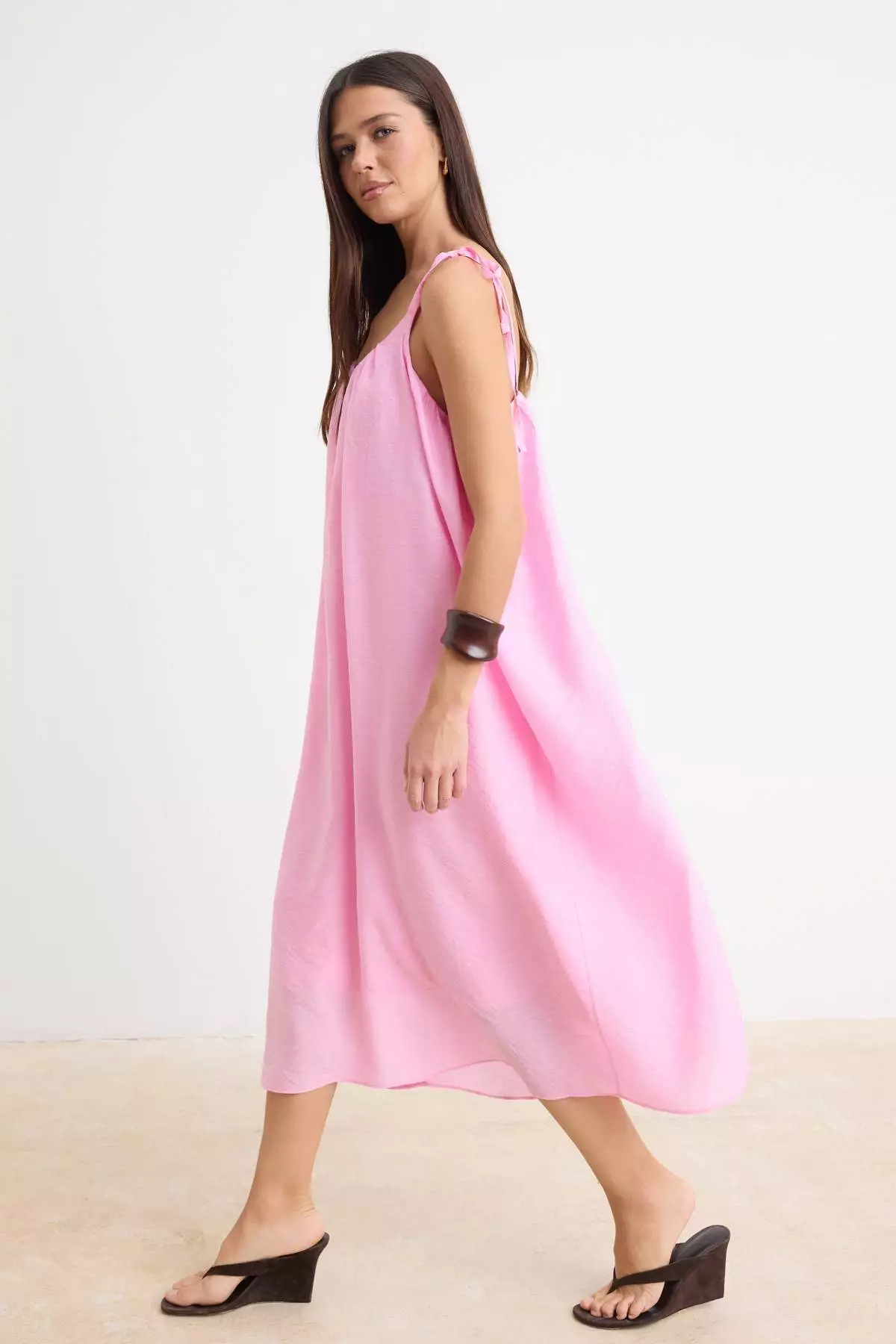 Pink Plain Straight Cut Tie Detailed Maxi Woven Dress Twoss25El00051