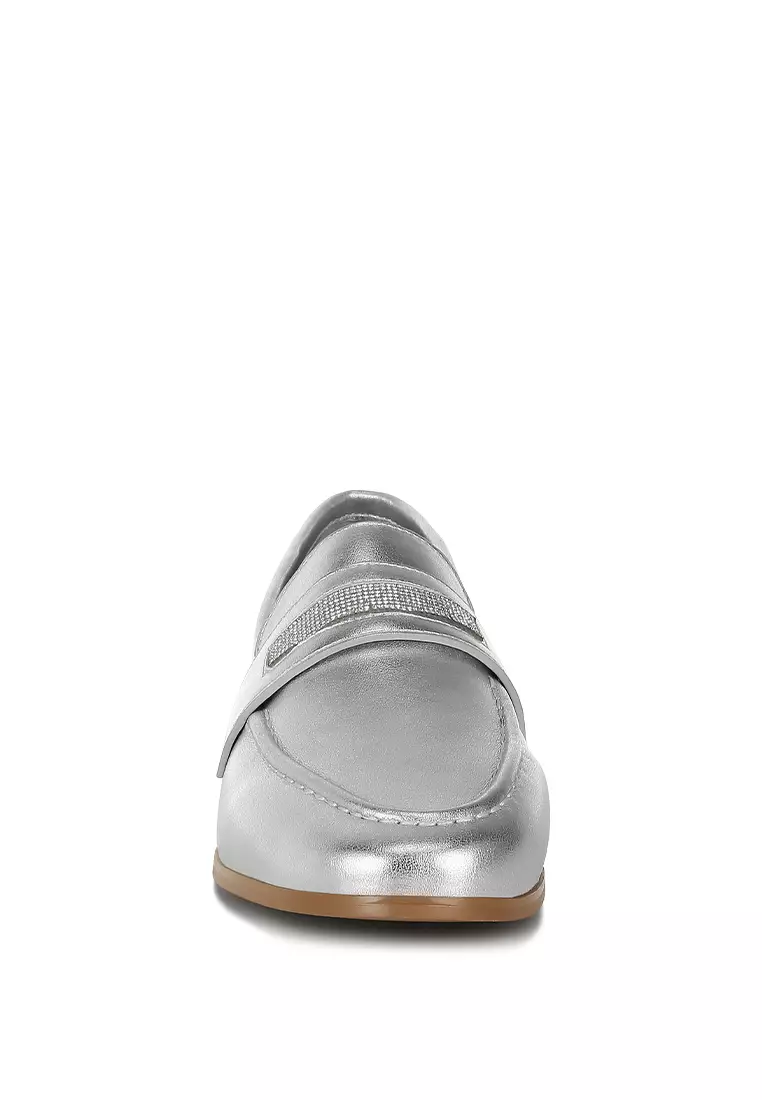 Rhinestone Strap Metallic Loafers in Silver