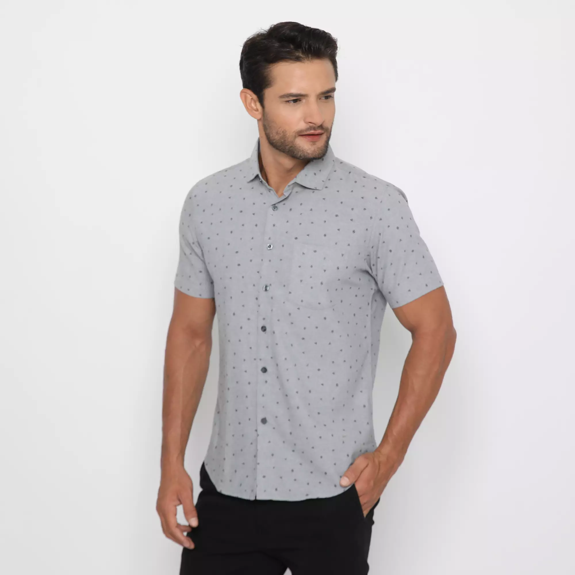 Platini Kemeja Pria Motif Lengan Pendek Katun Abu 73329