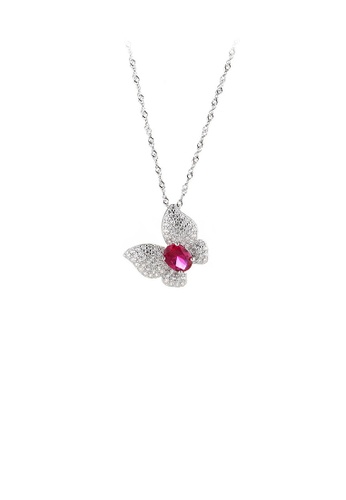 Glamorousky white 925 Sterling Silver Fashion and Elegant Butterfly Rose Red Cubic Zirconia Pendant with Necklace 67BB6ACC8CD680GS_1