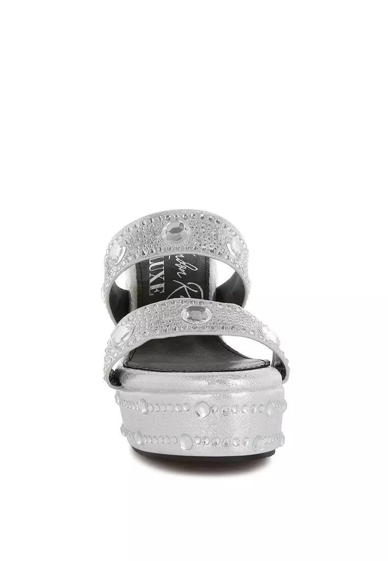 Rhinestone & Diamante Wedge Sandals in Silver