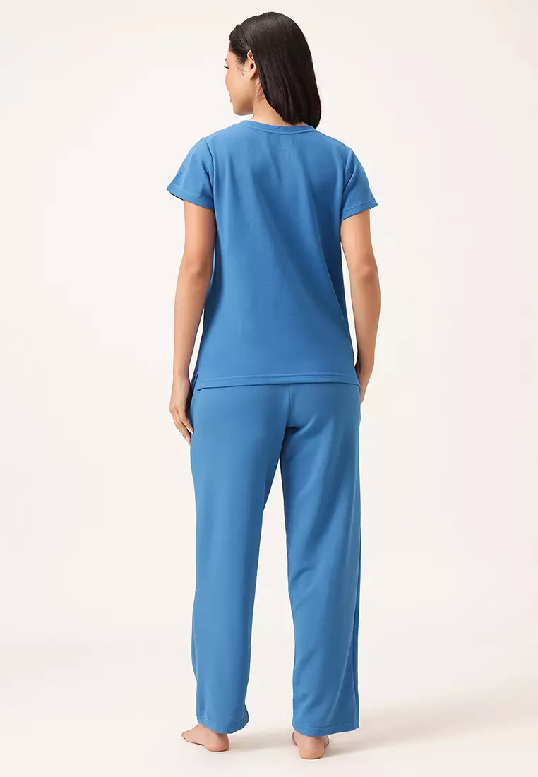 Clovia Chic Basic T-shirt & Pyjama Set in Blue - Waffle
