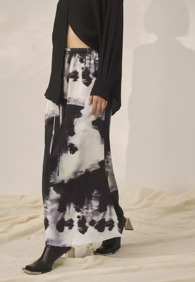 Drawstring Smudge Fishtail Maxi Skirt
