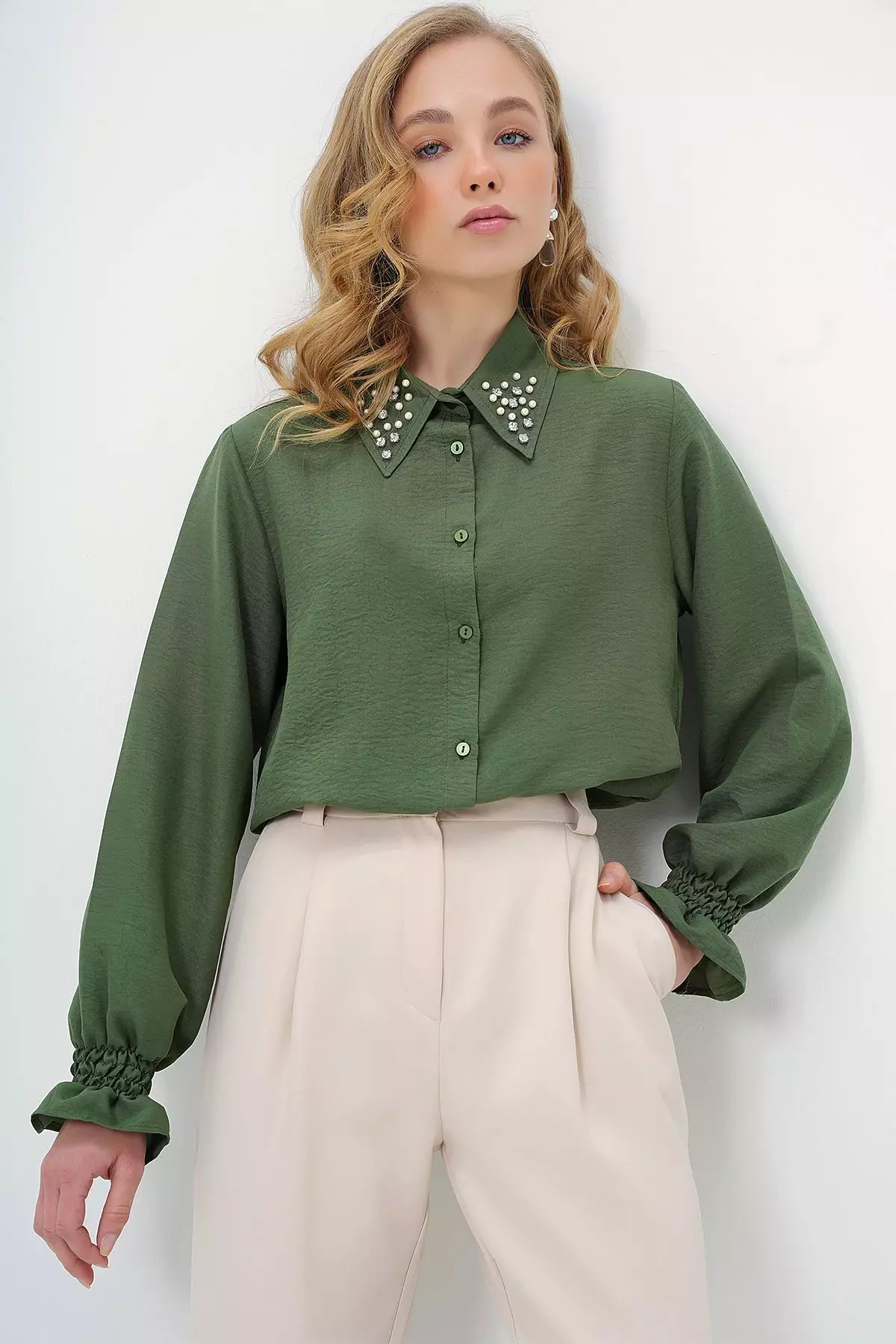 Women's Green Pearl And Stone Embroidered Aerobin Shirt Alc-X10085