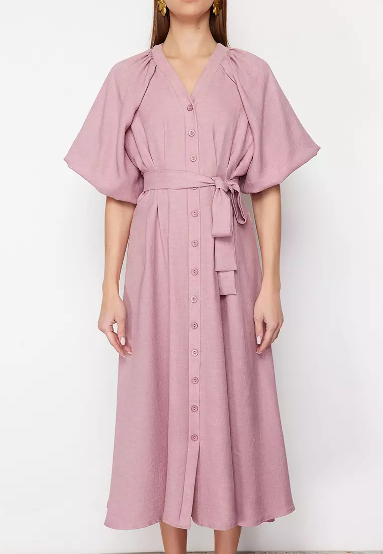 Pink Belted Half Balloon Sleeve Linen Look Woven Shirt Dress Tctss24Eb00014