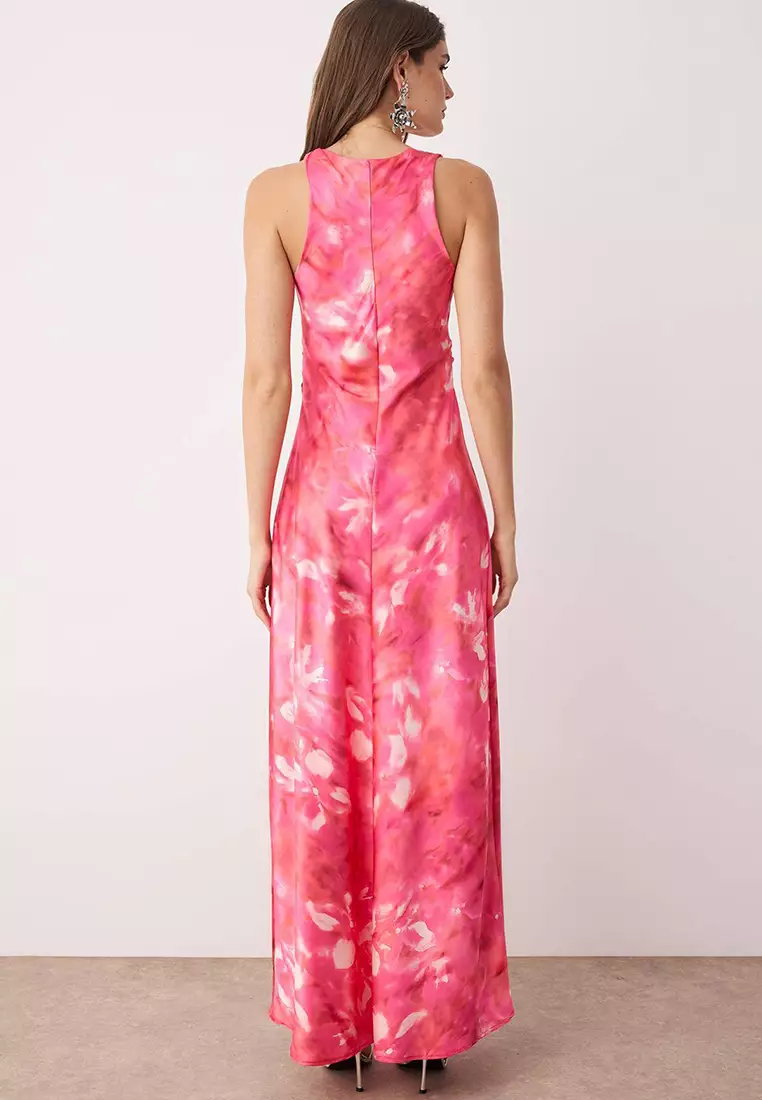 Multi-Colored Fitted Satin Woven Maxi Evening Prom Dress