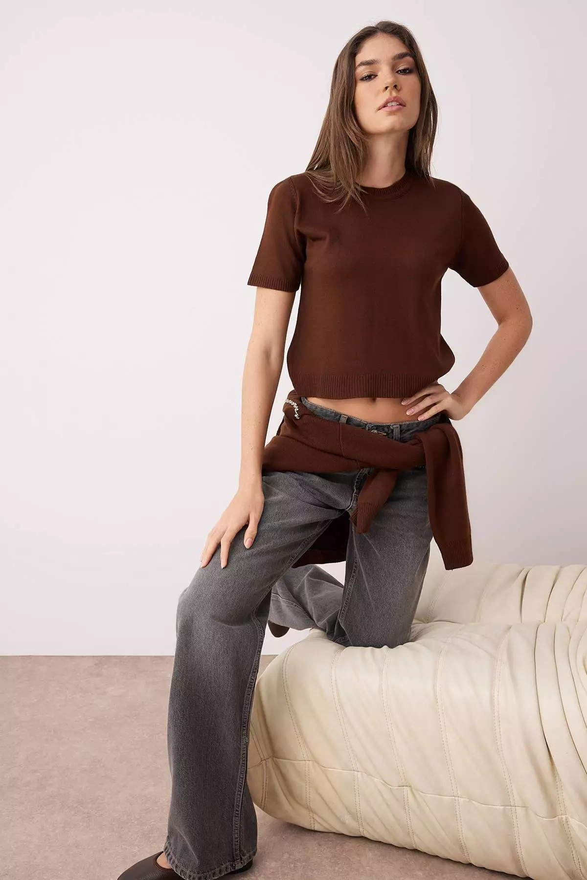 Brown Stone Detailed Soft Textured Double Knitwear Cardigan Blouse