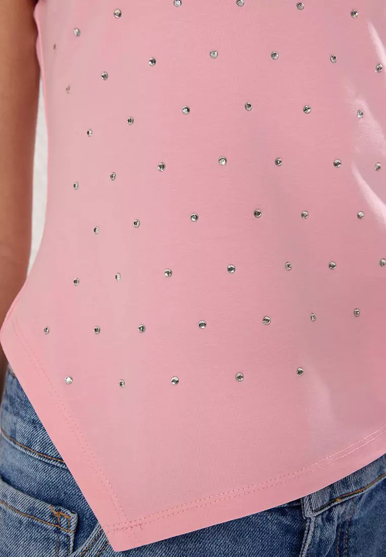 Pink Stone Asymmetric Fitted/Skin Fitting Knitted T Shirt