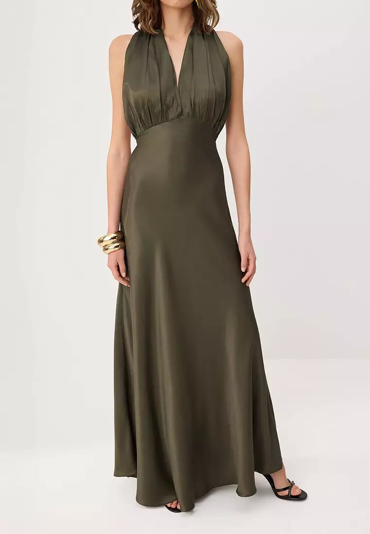 Khaki Plain Woven Satin Maxi Evening Dress & Graduation Dress