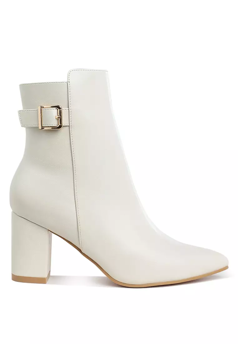 Discount on London Rag  shoes - SKU: Belt Detail Block Heel Boots in Off White