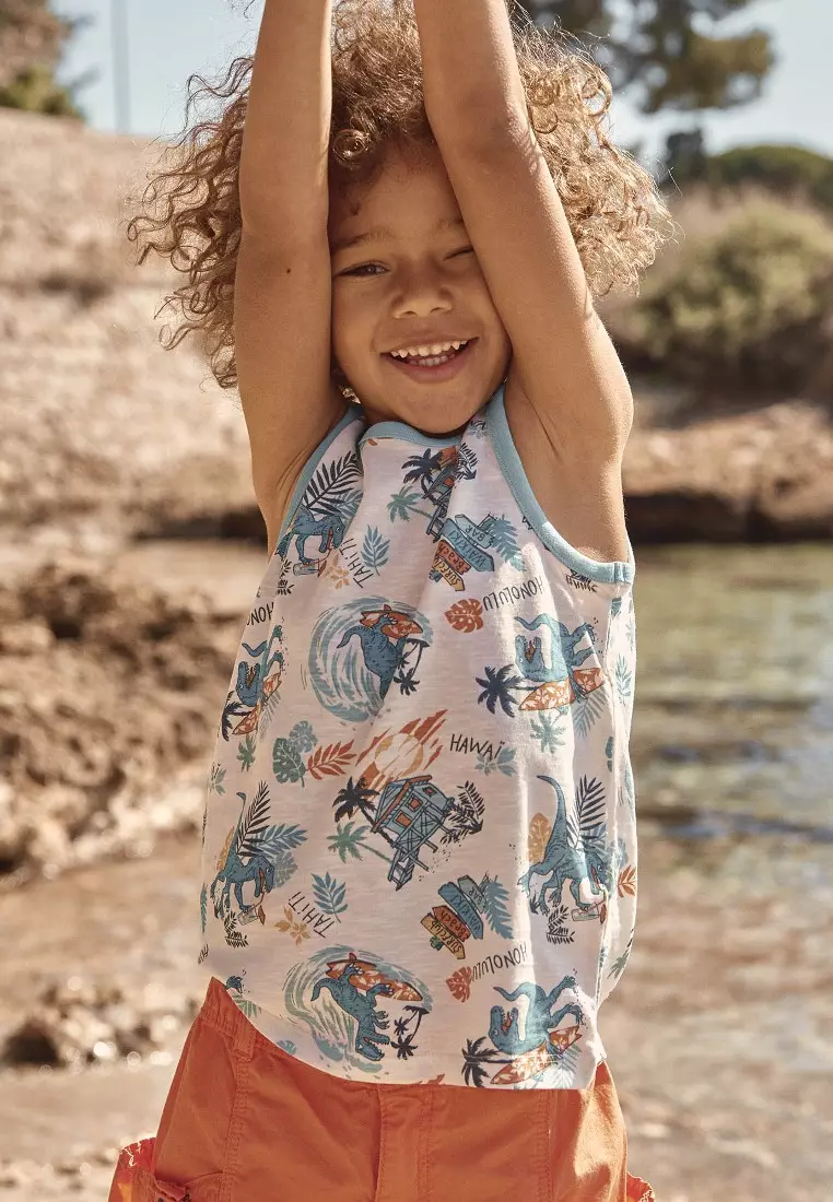 Ecru Tank Top Mit Surfer-Dinosaurier-Print