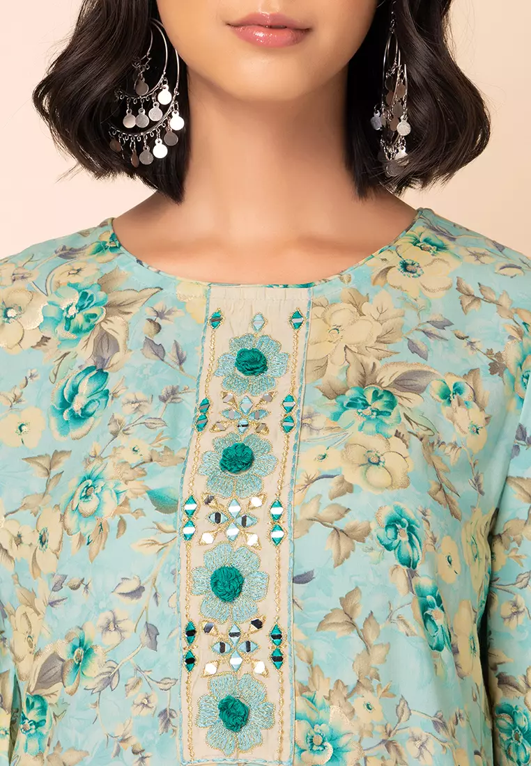 Light Blue Floral Jaal Print Rayon Kurta And Printed Pants (Set of 2)