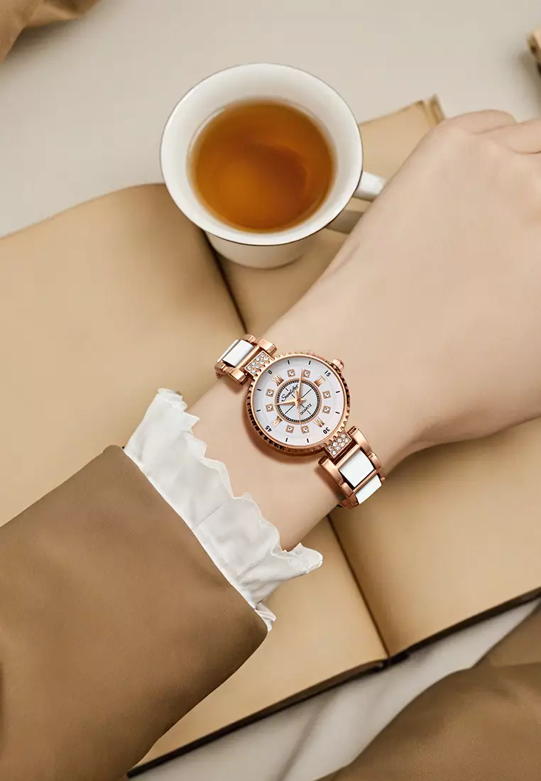 Jam Tangan Wanita Original 8013 Korea Santai Berlian Anti Air Tali keramik Jam Tangan Cewek rose white