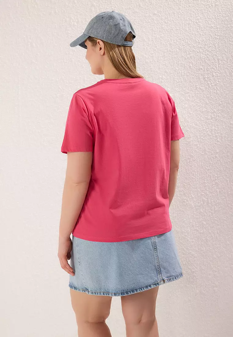 Pale Pink Regular Fit Basic Crew Neck 100% Cotton Knitted Plus Size T-Shirt Tbbss22Ts0733